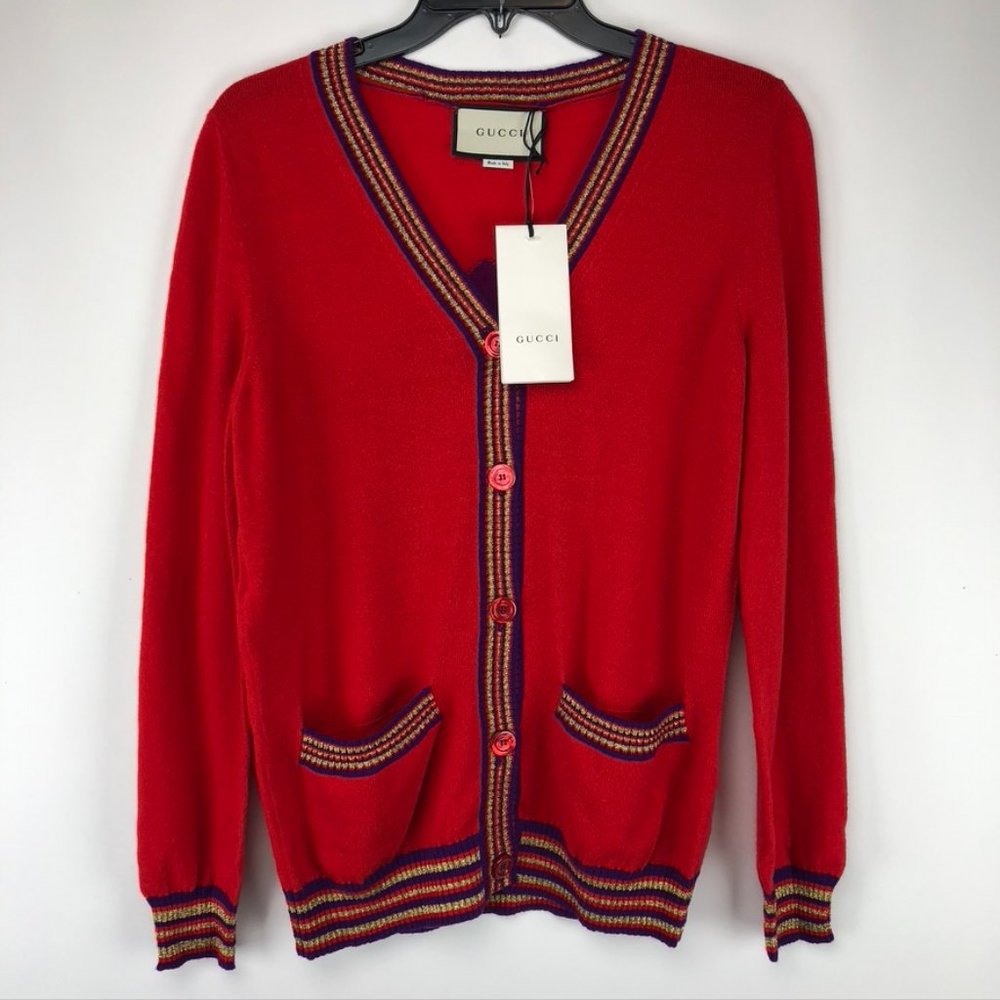 Gucci Red Cube Intarsia Wool Cardigan Sweater